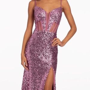 Morgan&Co Pink Orchid Colette Sequin Strappy Mesh Paneling ThighHigh Slit Gown 8